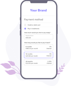 Mobile phone displaying checkout screen with pay in instalment finance options